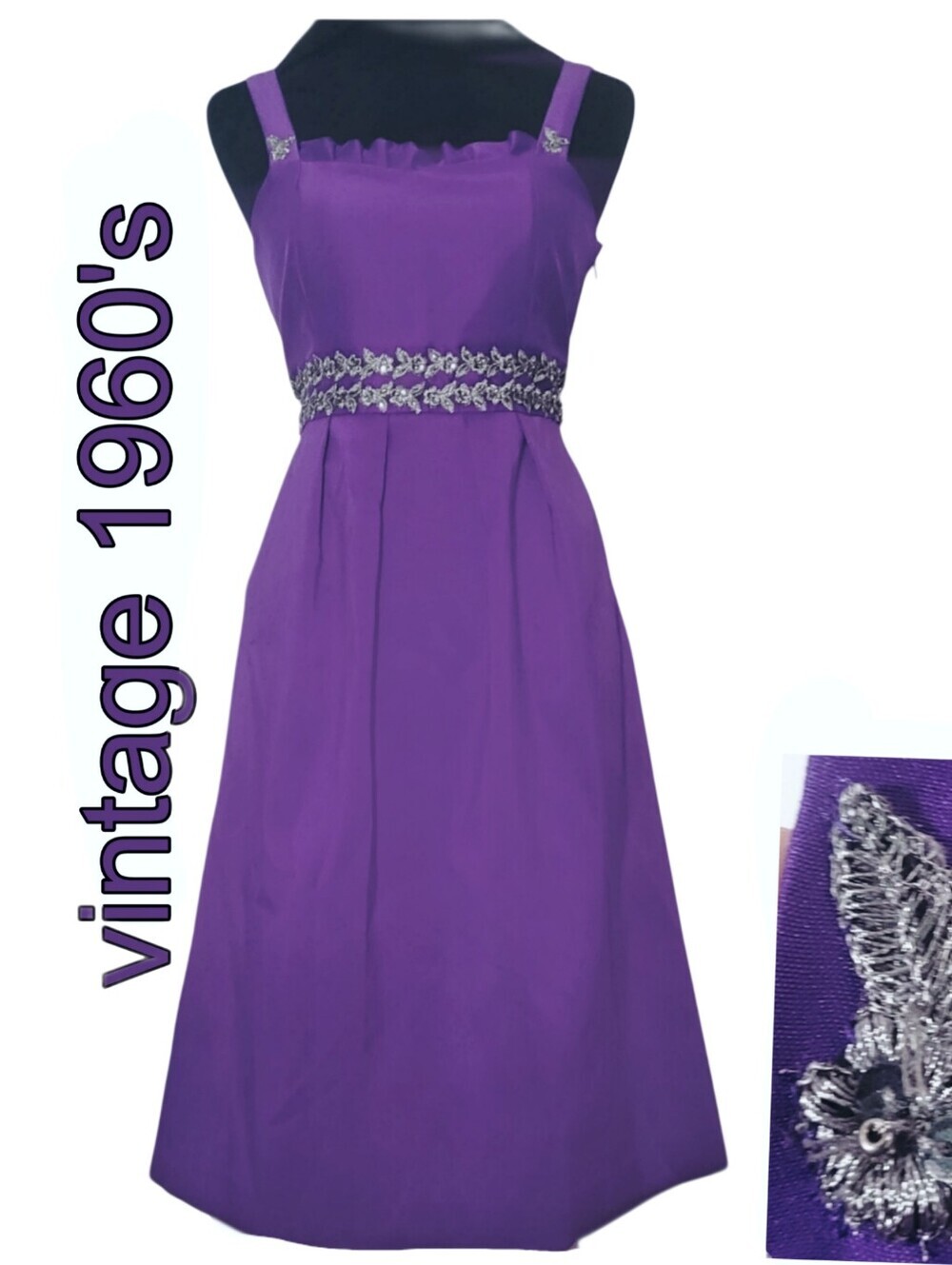 Vintage Handmade Purple  Midi Dress w/metallic Applique Beaded Waist